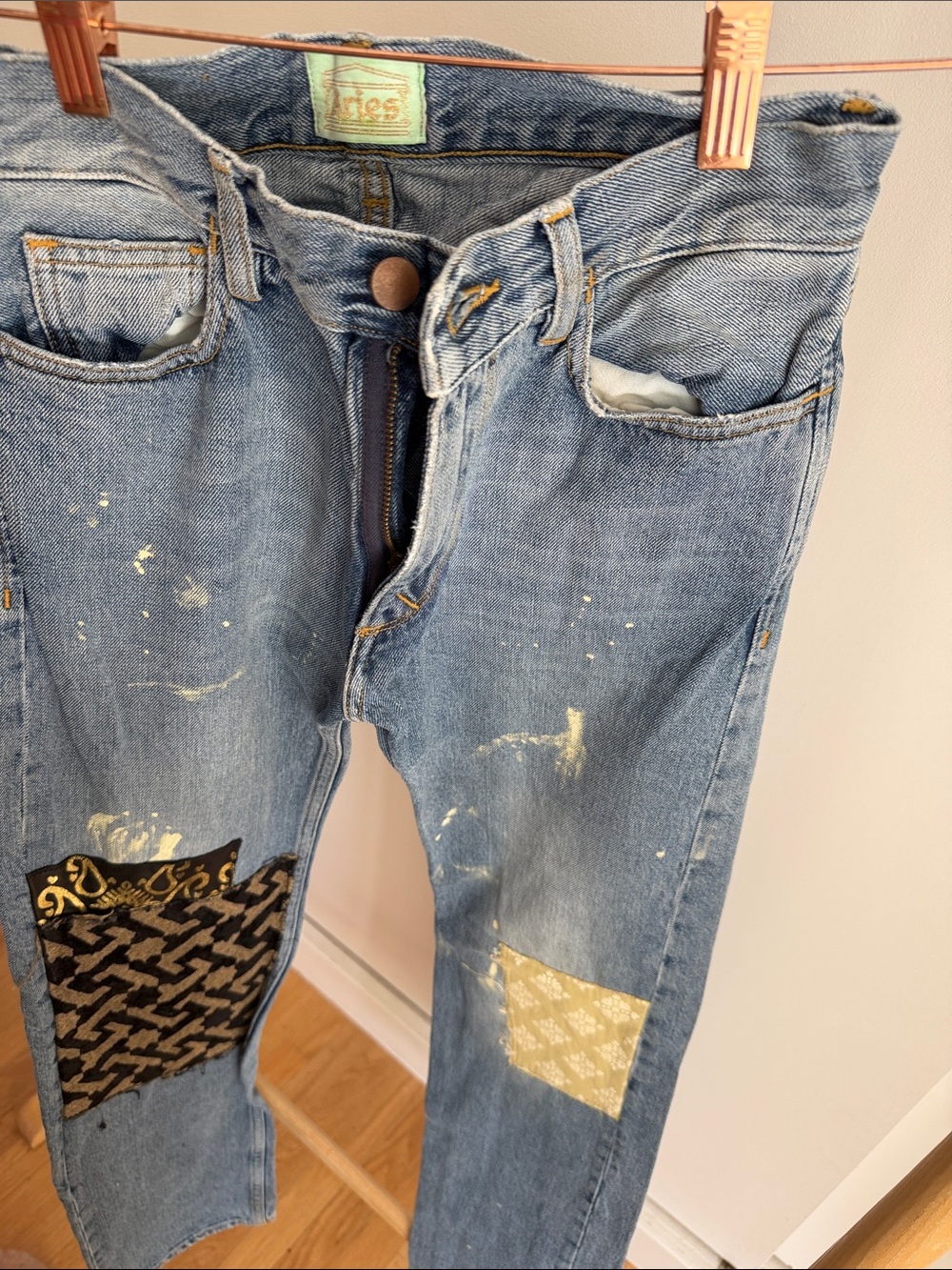 Rare Aries Arise Made in Italy Patchwork Leather Pocket Jeans Size 25